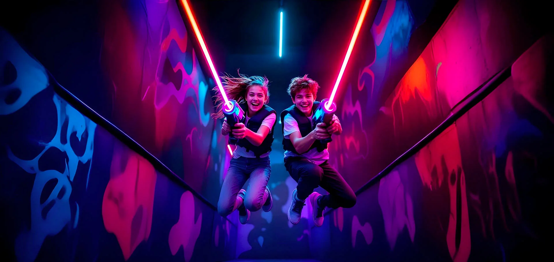 Deux joueurs dans une arène immersive de laser game à Freeing Chambly