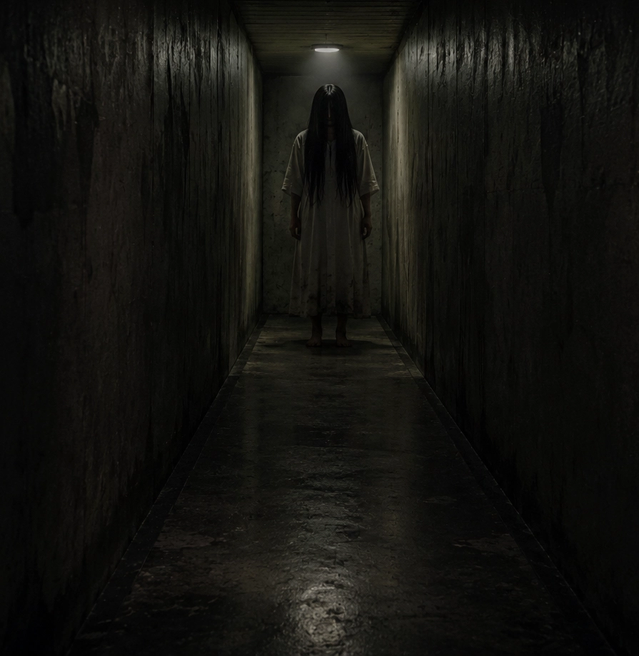 Personnage inquiétant dans un couloir sombre de La Maison de l'Horreur à Chambly